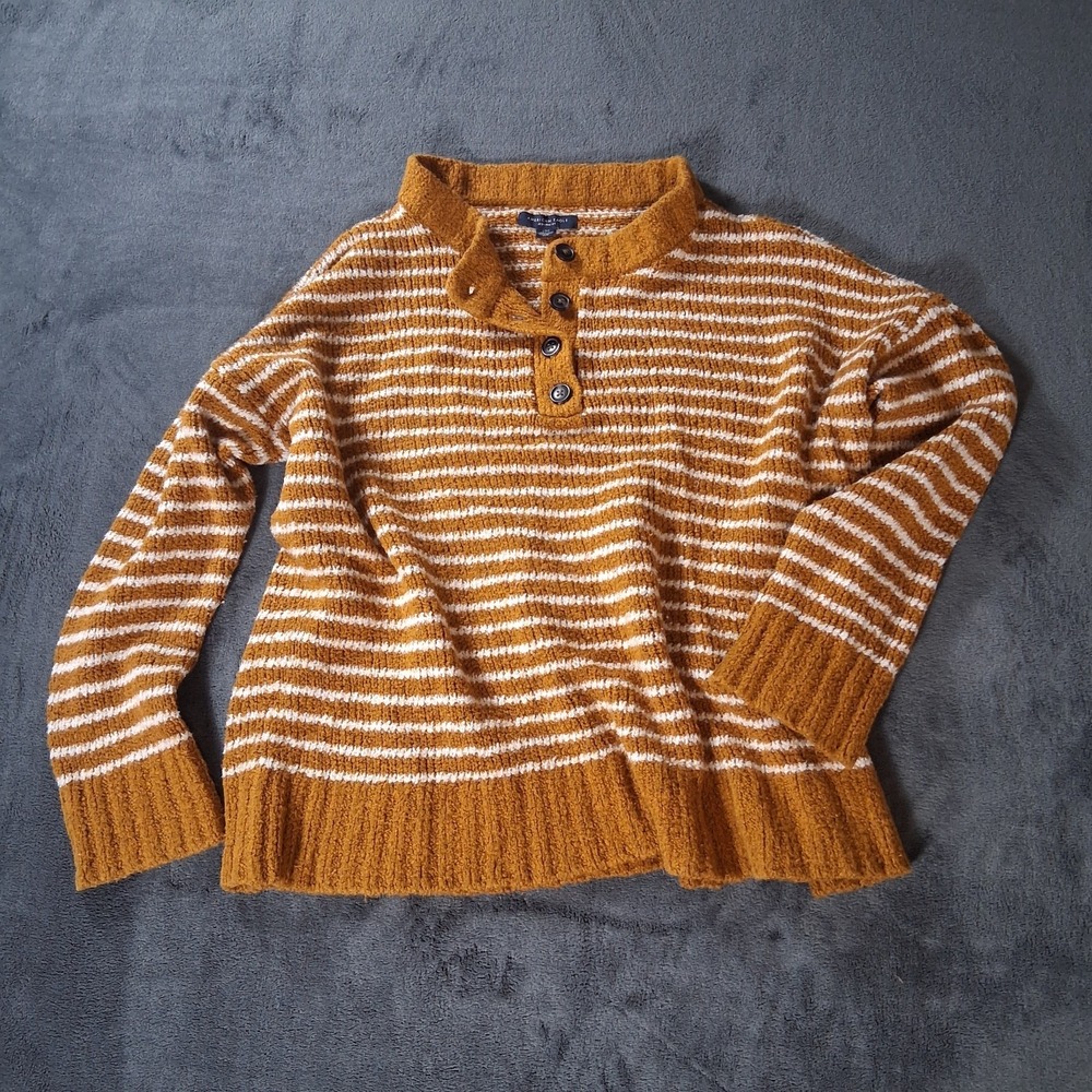 American Eagle Striped Henley Sweater Womens Size L Mustard Button Placket